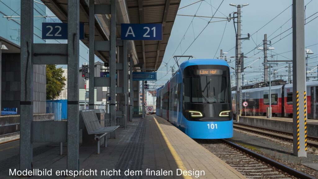 Modellbild der Regional-Stadtbahn Linz (entspricht nicht dem finalen Design)