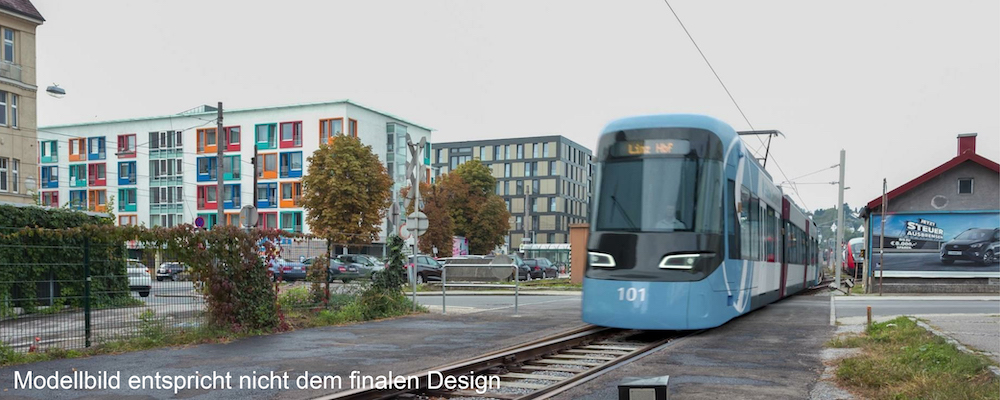 Modellbild der Regional-Stadtbahn Linz (entspricht nicht dem finalen Design)